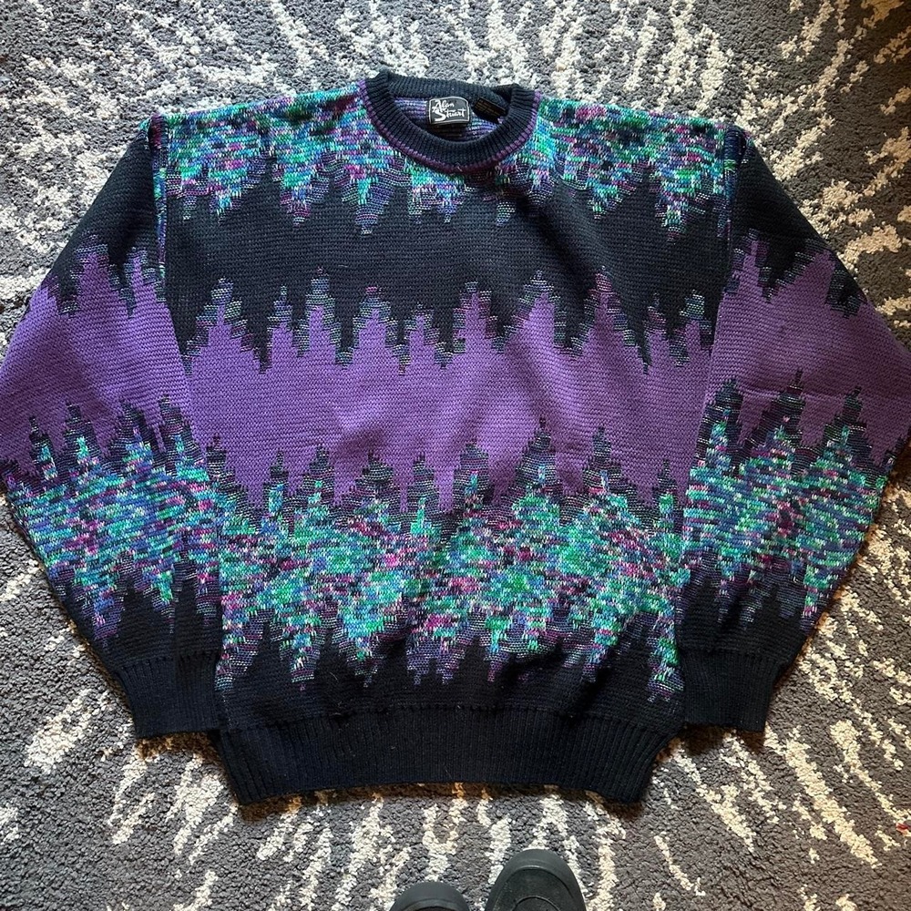 *SOLD* 90s Alan Stuart Black Purple Teal Geometric Pullover Knit Sweater Size XL